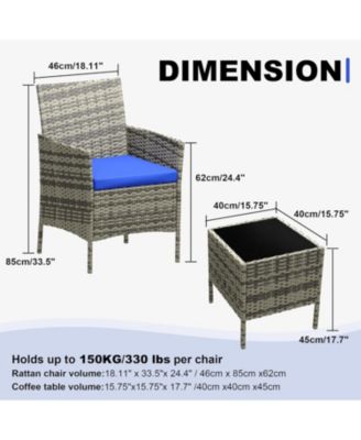 3 Piece Grey PE Rattan Patio Conversation Set with 2 Chairs & Coffee Table, Outdoor Furniture for Patio, Porch, Balcony