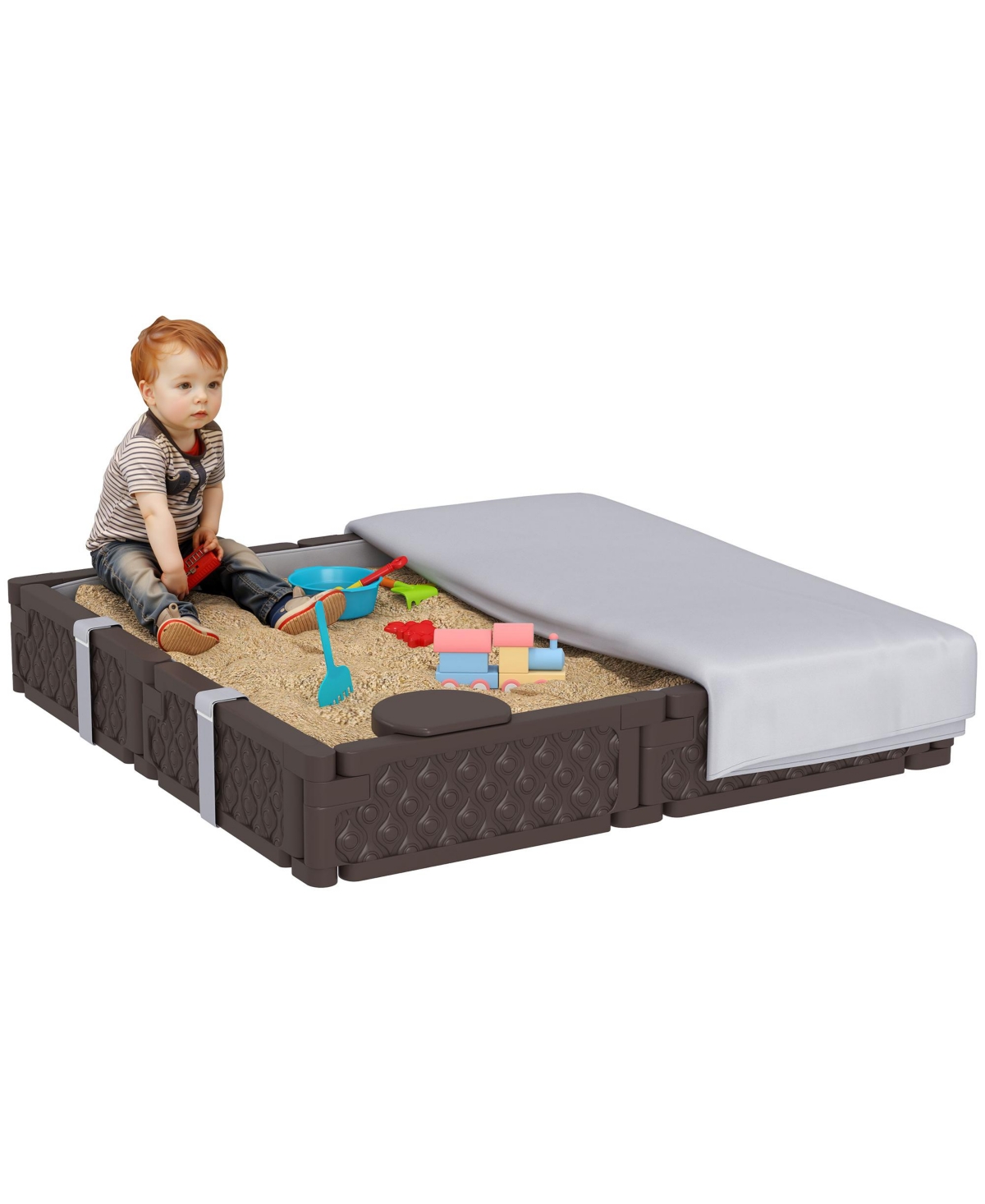 Qaba Square Kids box with Cover, 4 Seats, Bottom Liner, - Brown