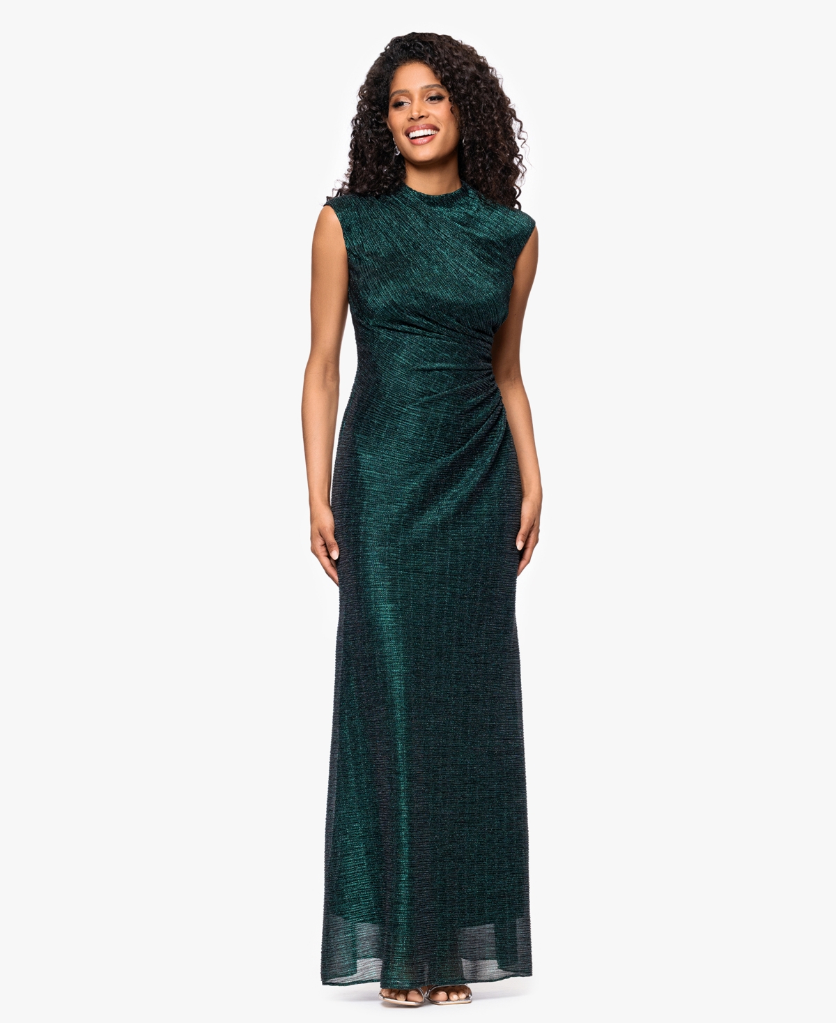 Betsy & Adam Women's Crinkle Ruched Slit Gown In Green