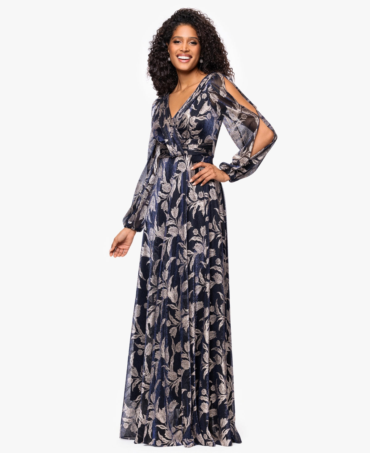 Betsy & Adam Women'sâ Long Sleeve Metallic Crinkle Pattern Dress In Gray