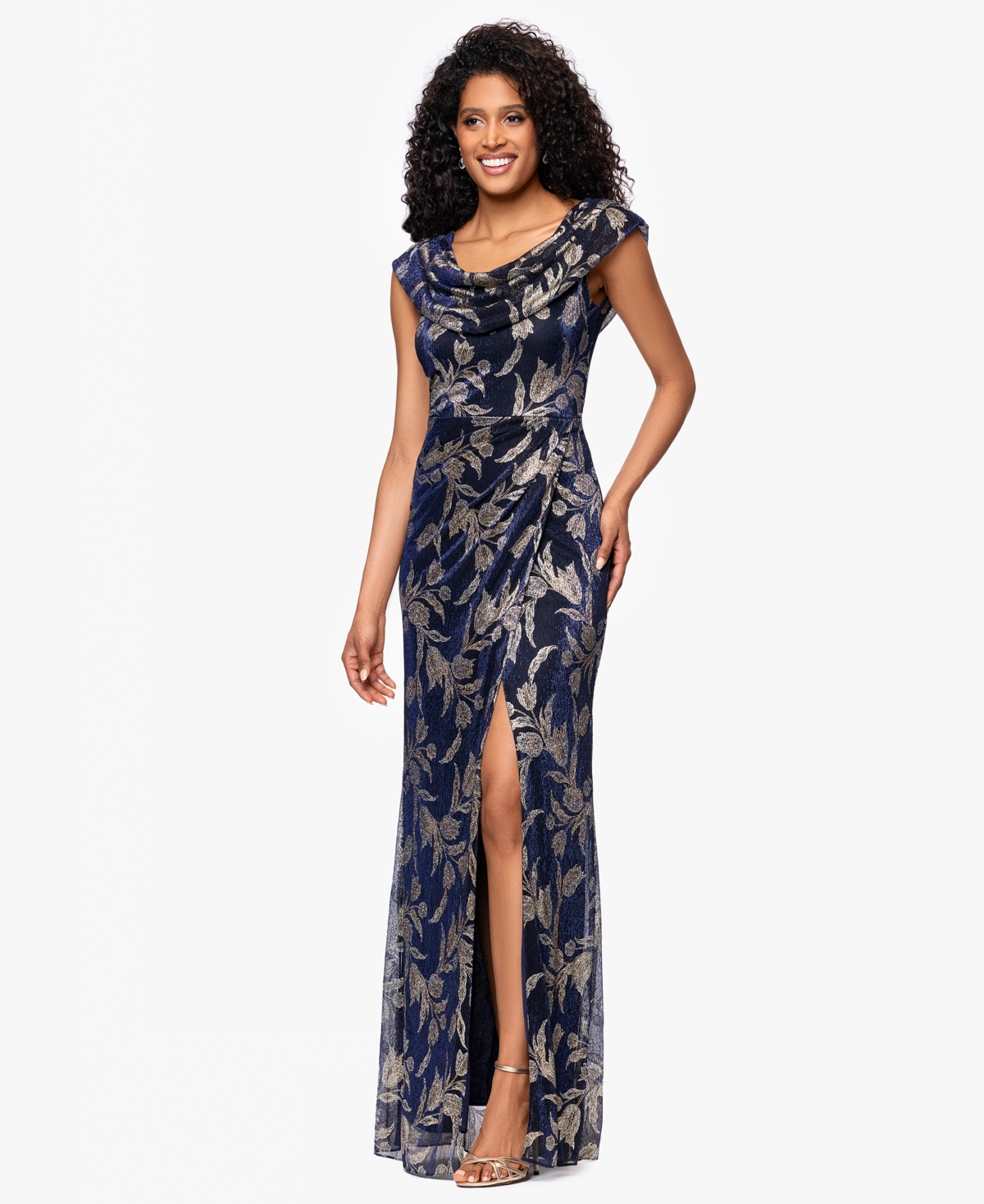 Betsy & Adam Women'sâ Long Foil Crinkle Cowl Neck Dress In Black