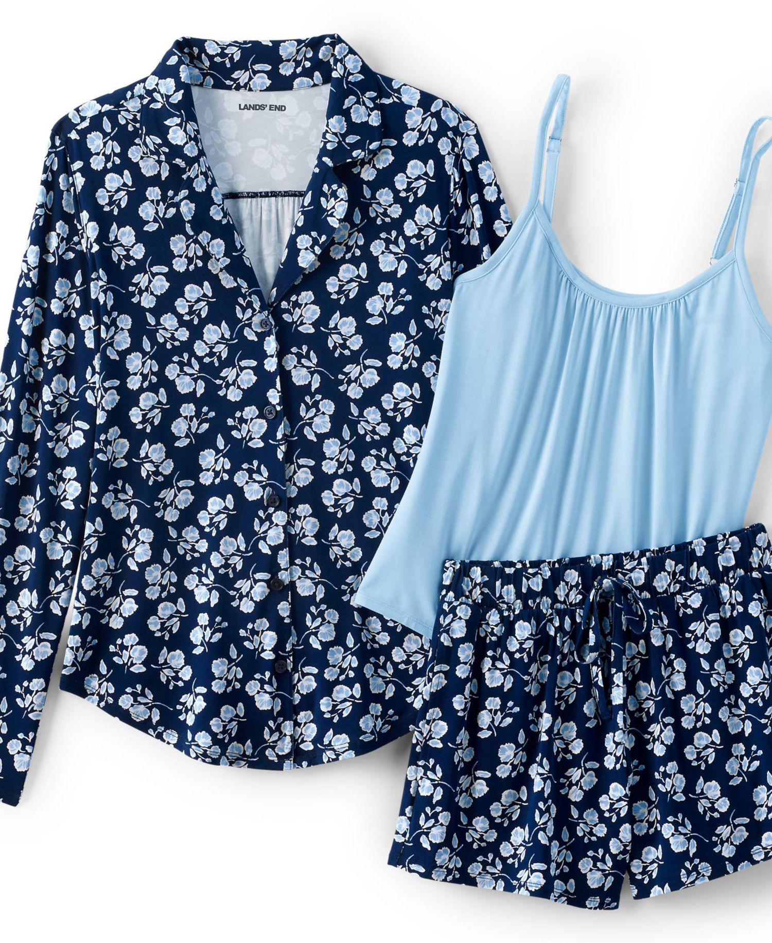Plus Size Cooling 3 Piece Pajama Set - Long Sleeve Top Cami and Shorts