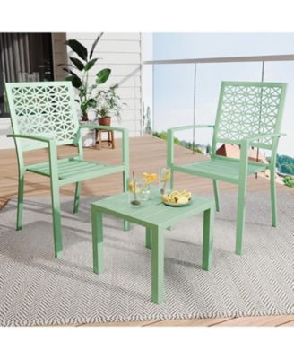 3 PCS Green Patio Bistro Set, Outdoor Stackable Steel Chairs & Square Coffee Table for Balcony, Porch, Garden, Lawn
