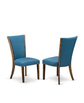 5-Piece Dining Set Distressed Jacobean Table & 4 Blue Linen Parson Chairs with Full Backs Elegant Kitchen Style