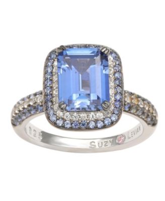 Suzy Levian Sterling Silver Sapphire and Created White Sapphire Halo Ring