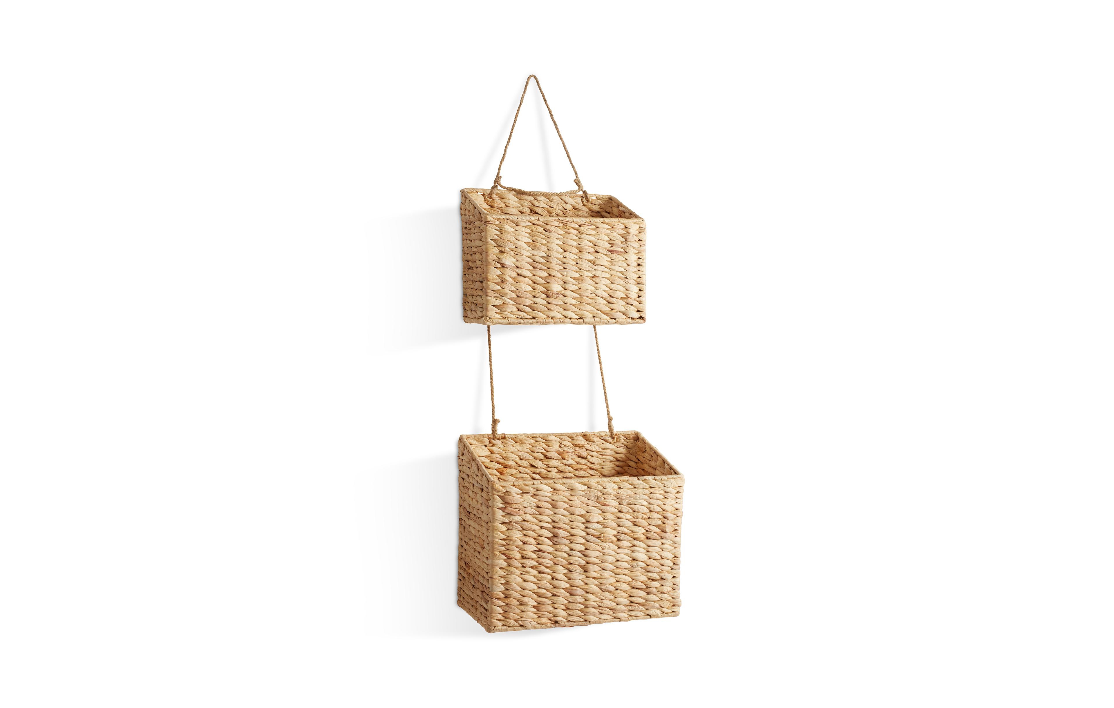 Casafield 2-Tier Hanging Storage Basket Set, Natural Water Hyacinth Wall Basket, Boho Organizer for Kitchen Pantry, Home Office, Entryway, Bathroom