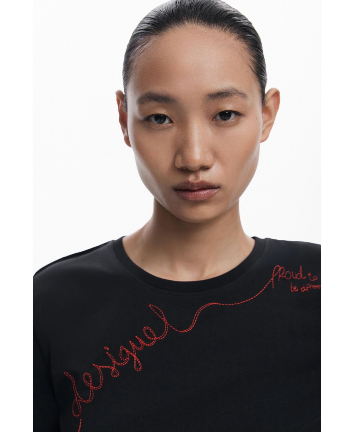 Desigual Embroidered Stretch Cotton T-shirt In Black