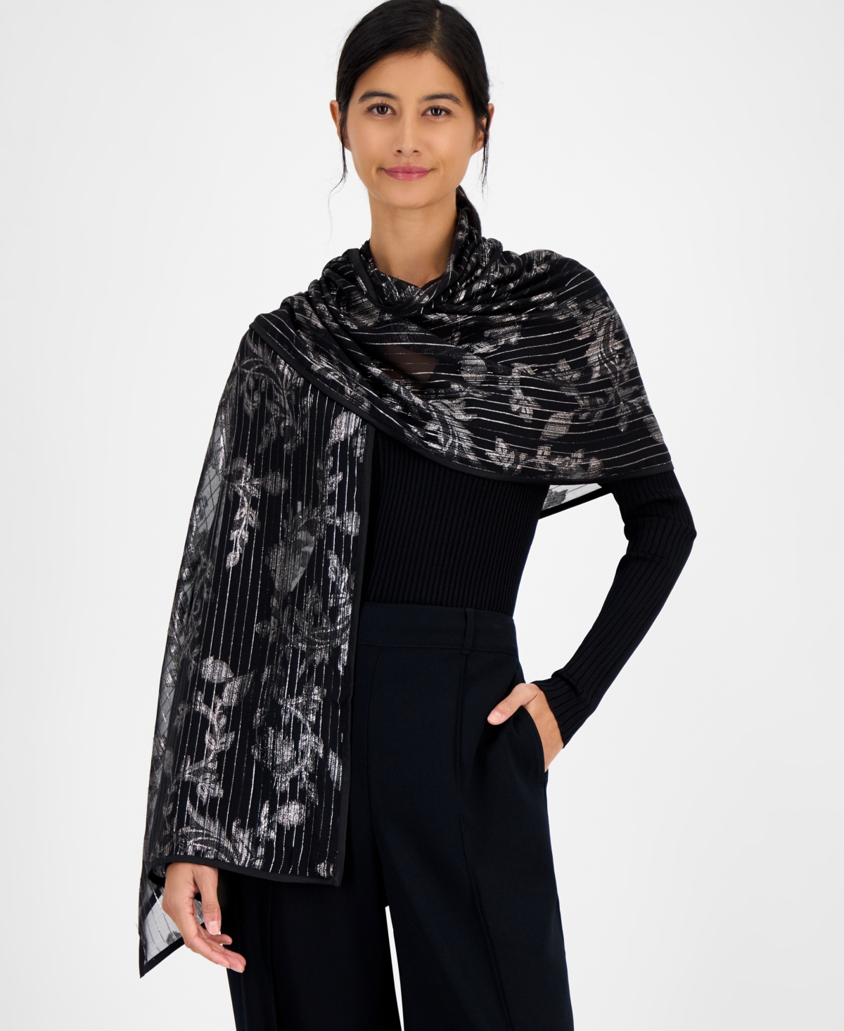 Inc International Concepts Floral Tinsel Jacquard Evening Wrap, Macy's Exclusive In Black