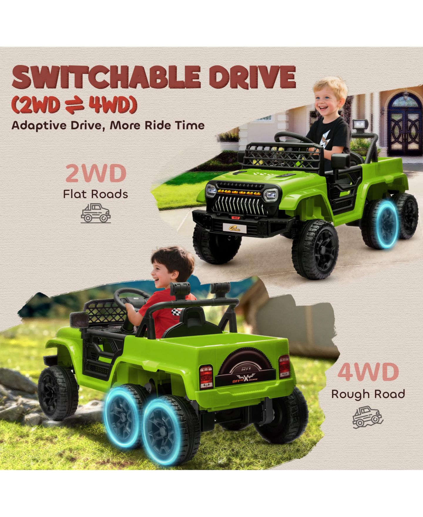 Детская игрушка Qaba 12V Ride-On Car with 2WD/4WD Switch and Remote Control, Ages 3-8, цвет: Зелёный — фото 4