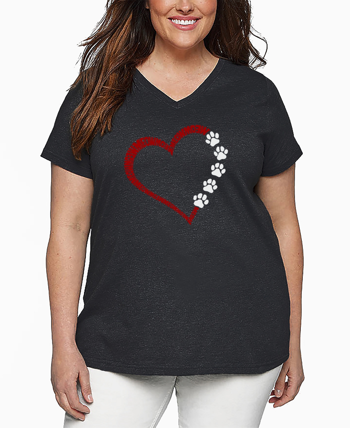 La Pop Art Plus Size Meow Heart Word Art V-neck T-shirt In Gray