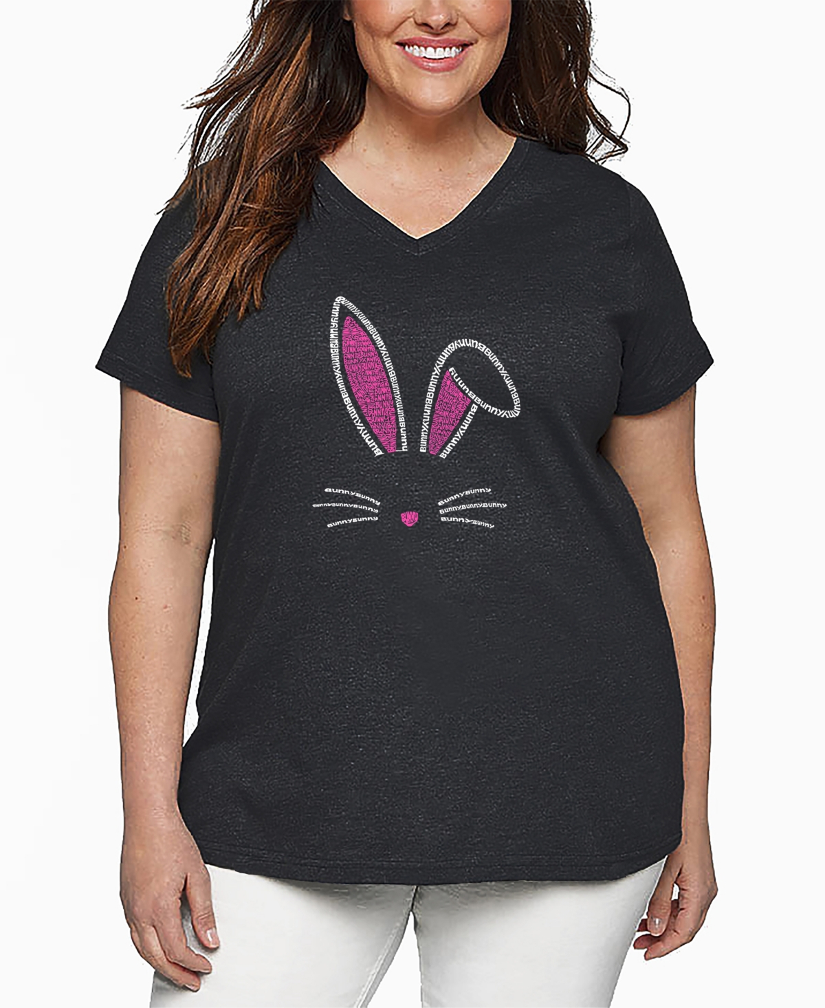La Pop Art Plus Size Bunny Ears Word Art V-neck T-shirt In Gray