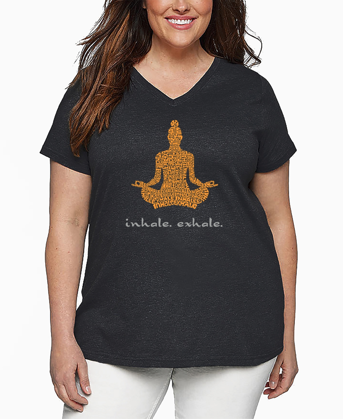 La Pop Art Plus Size Inhale Exhale Word Art V-neck T-shirt In Black
