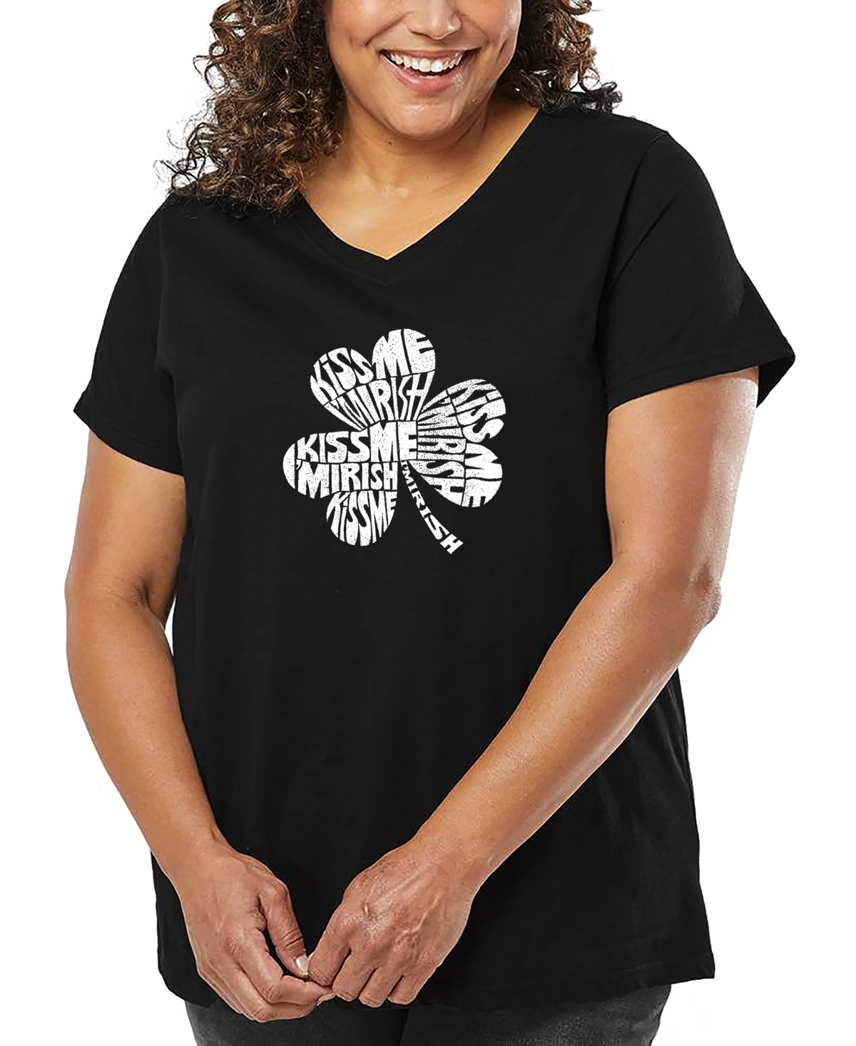 La Pop Art Plus Size Kiss Me I'm Irish Word Art V-neck T-shirt In Black
