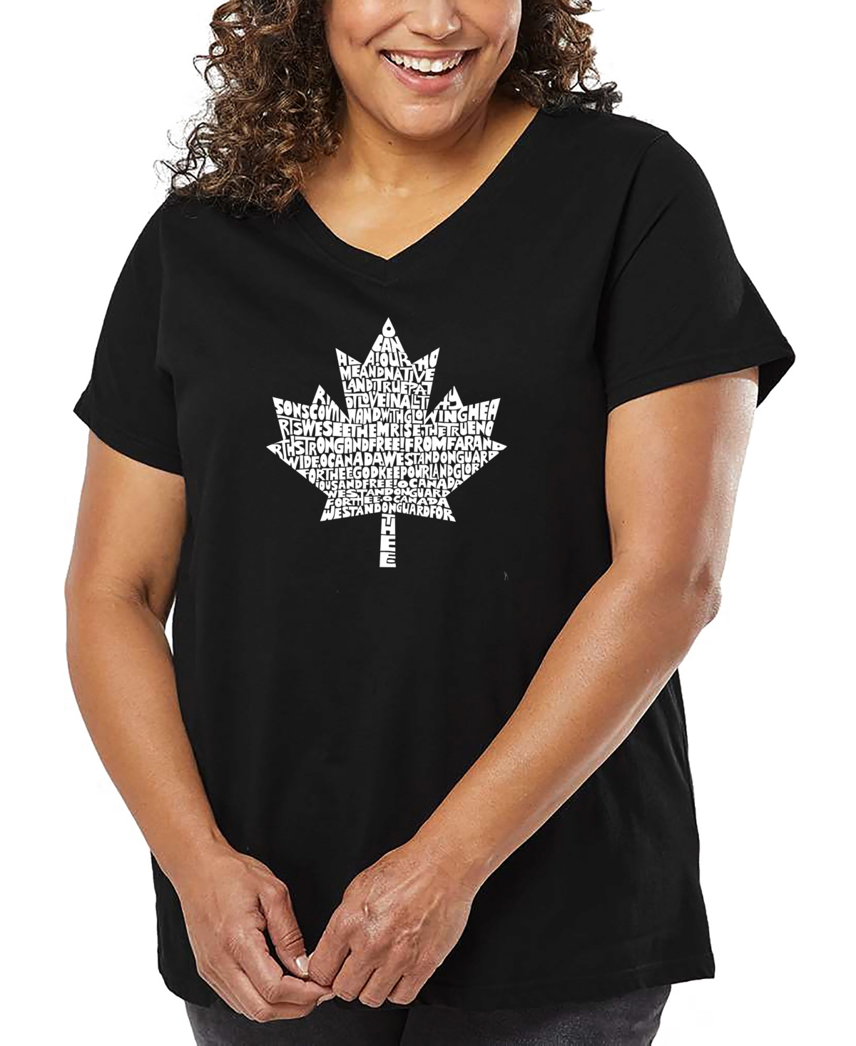 La Pop Art Plus Size Record Canadian National Anthem Art V-neck T-shirt In Black