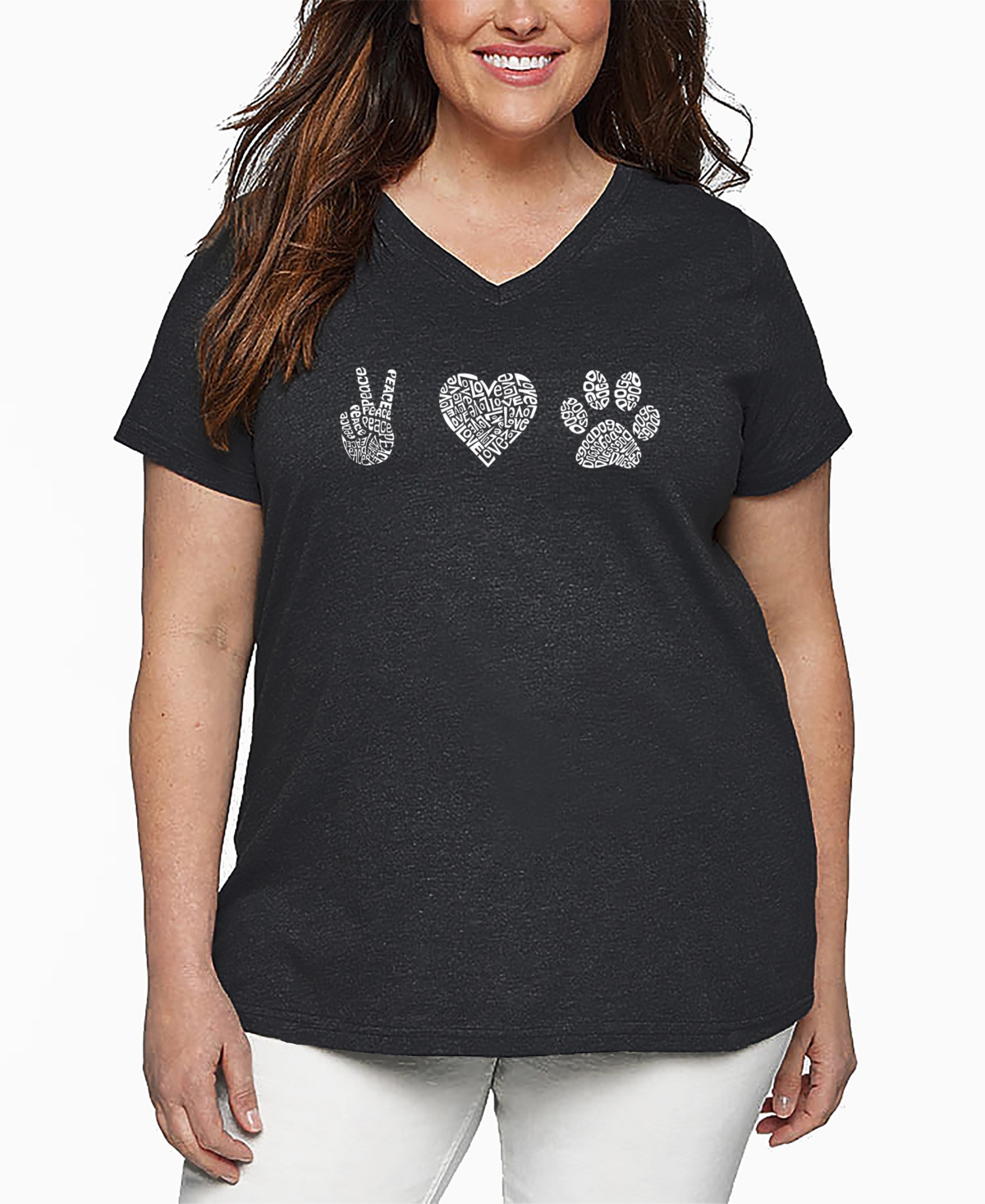 La Pop Art Plus Size Peace Love Dogs Word Art V-neck T-shirt In Gray
