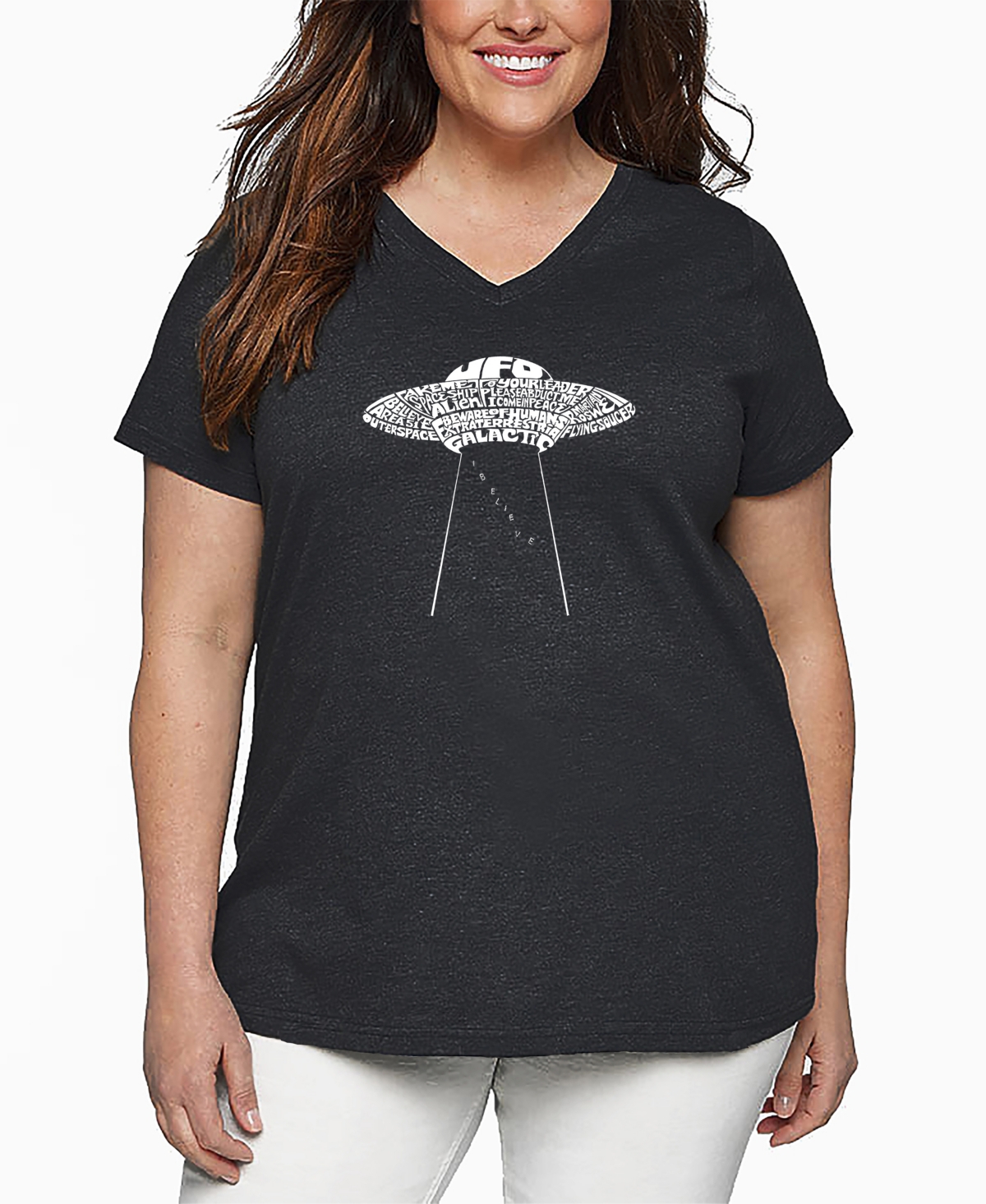 La Pop Art Plus Size Flying Saucer Ufo Word Art V-neck T-shirt In Black