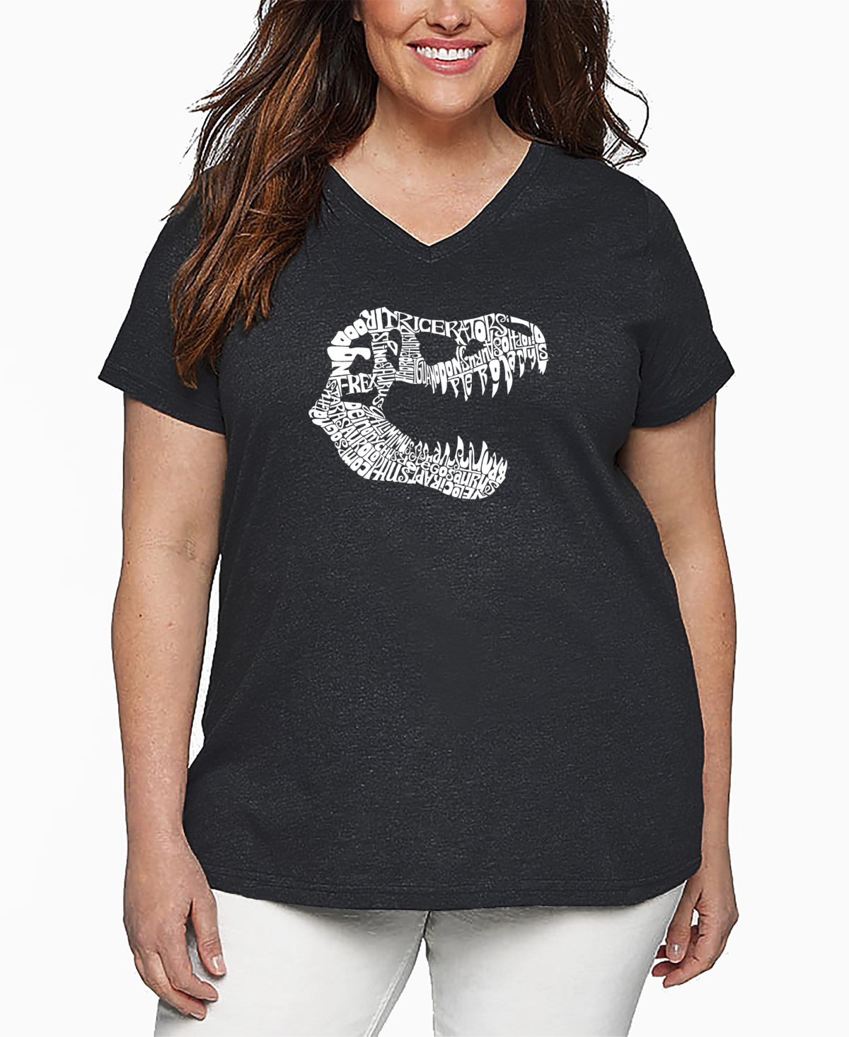 La Pop Art Plus Size Trex Word Art V-neck T-shirt In Gray