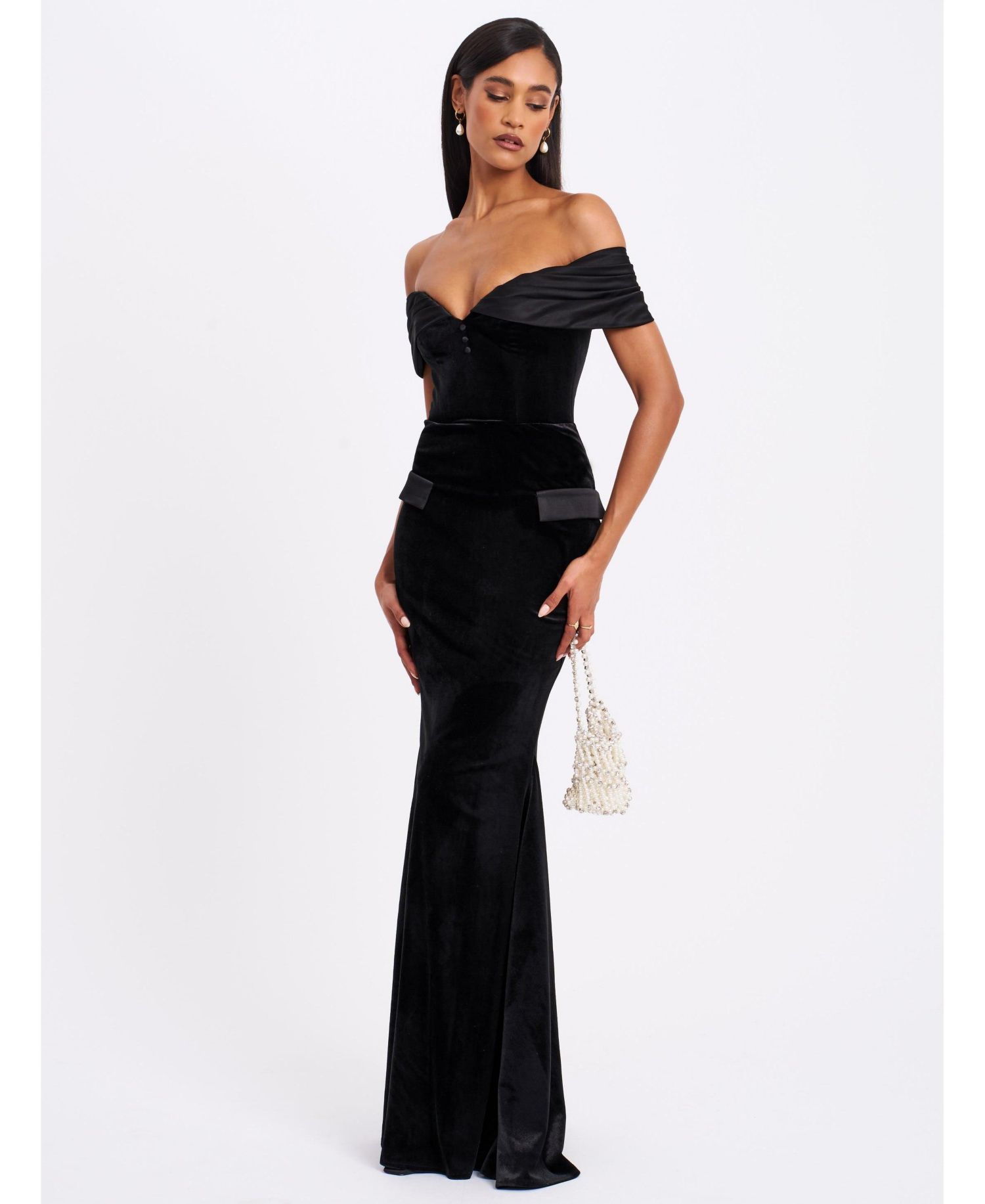Women Qamra Black Velvet Off Shoulder Mermaid Maxi Dress