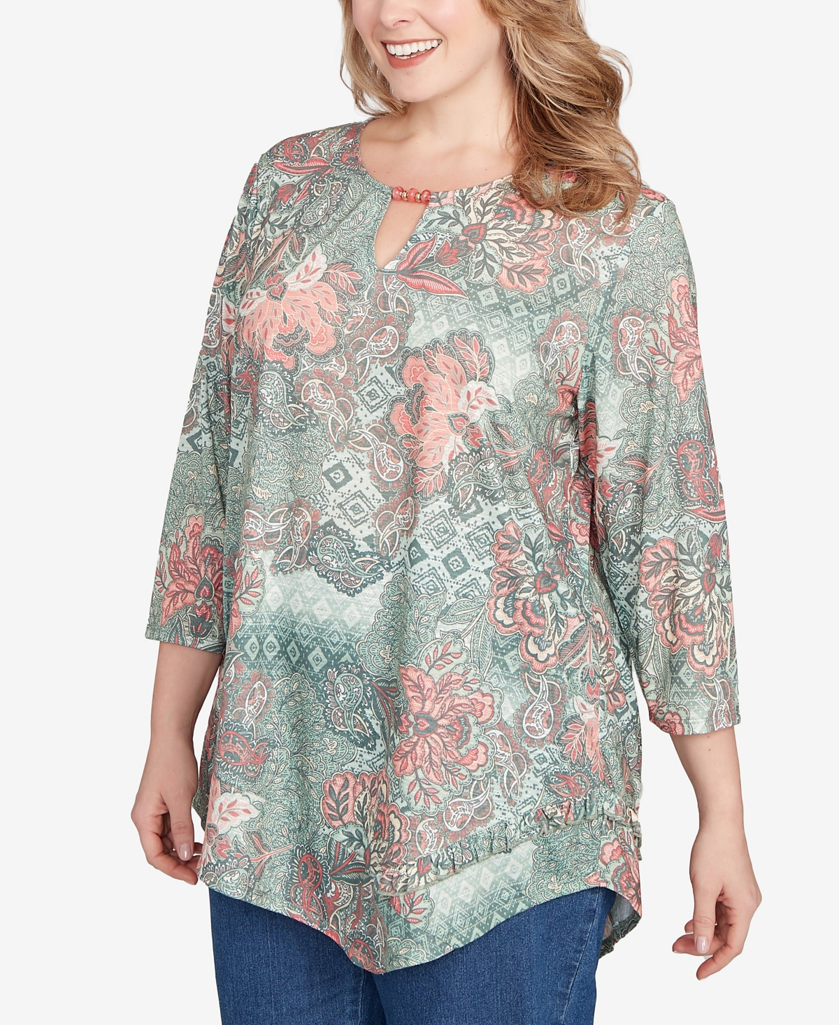 Ruby Rd. Plus Floral Patchwork Asymmetric Top