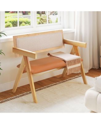 Rubber Wood Dining Bench w/Armrest Sherpa Upholstered Backrest Soft-padded Seat