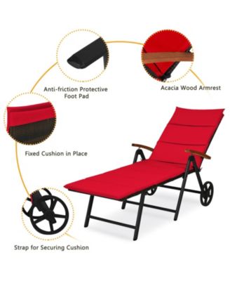 2PCS Folding Patio Rattan Lounge Chair Chaise Aluminum W/ Wheel & Red Cushion