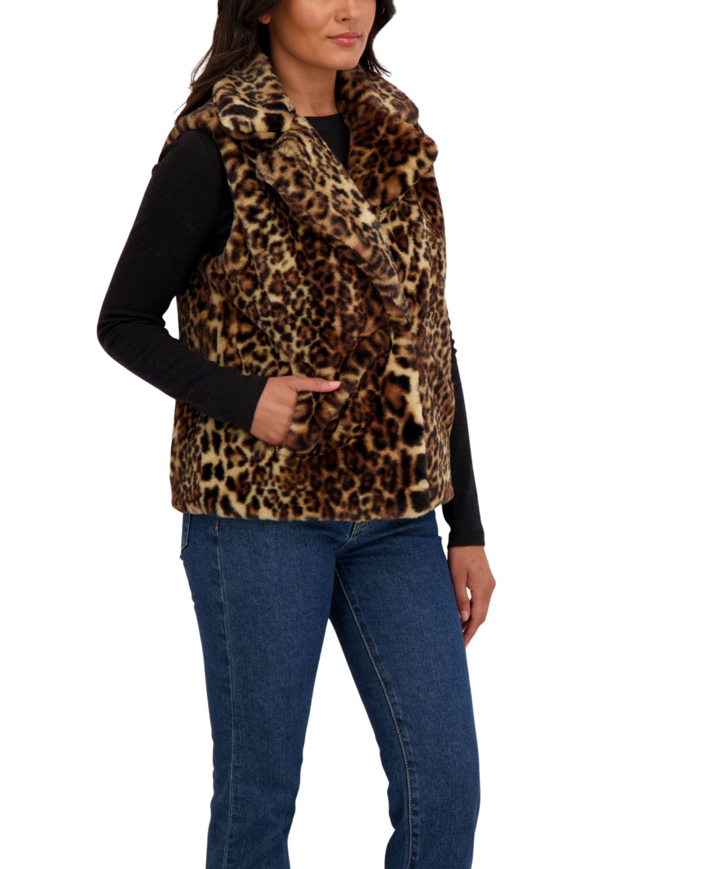 Женский жилет Sebby Collection Faux Fur Notch Collar Vest, цвет: Леопардовый — фото 3
