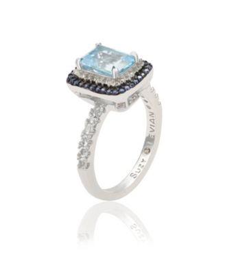 Suzy Levian Sterling Silver Emerald Cut Topaz and Sapphire Double Halo Ring