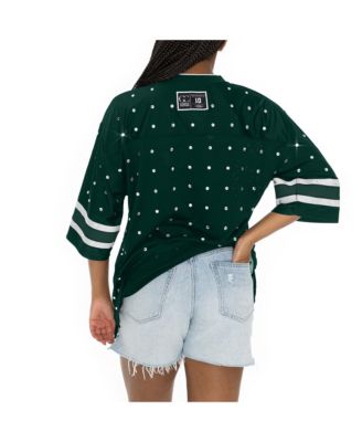 Women's Green New York Jets Kickoff Time Allover Rhinestone Sports Stripe Jersey V-Neck T-Shirt