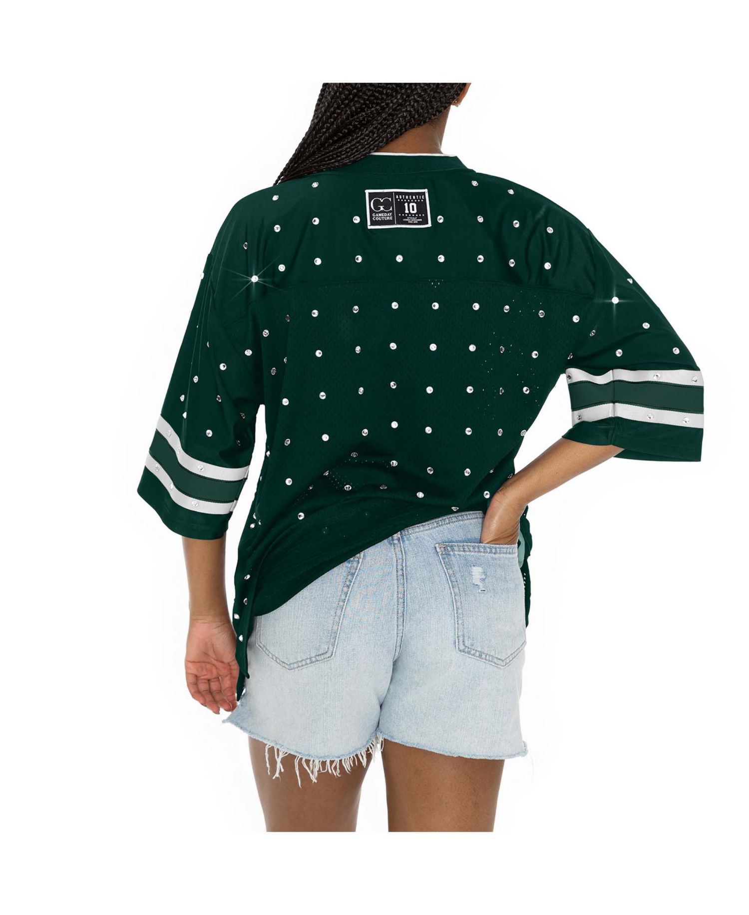 Women's Green New York Jets Kickoff Time Allover Rhinestone Sports Stripe Jersey V-Neck T-Shirt