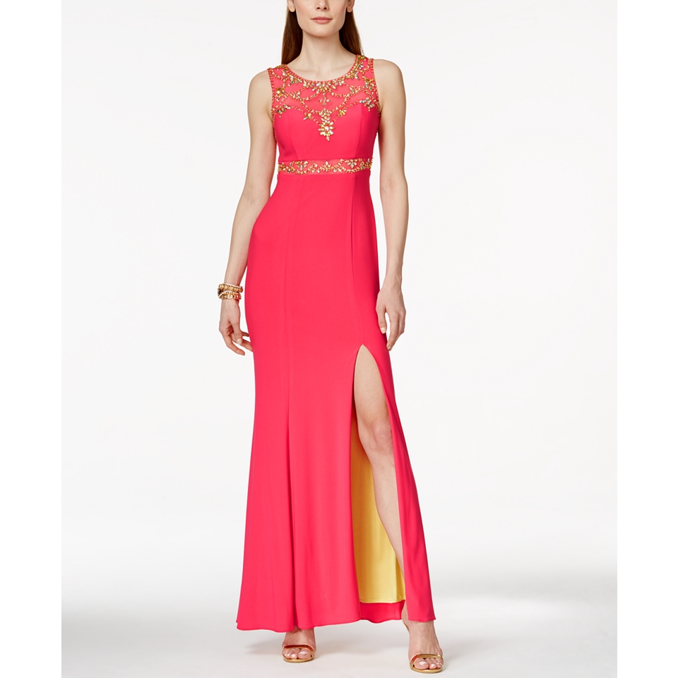 Betsy & Adam Sleeveless Embellished Illusion Gown   Dresses   Women