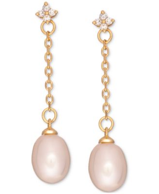 Macy's - Cultured Freshwater Pearl (7x9mm) & Cubic Zirconia Linear Chain Drop Earrings in 18k Gold-Plated Sterling Silver