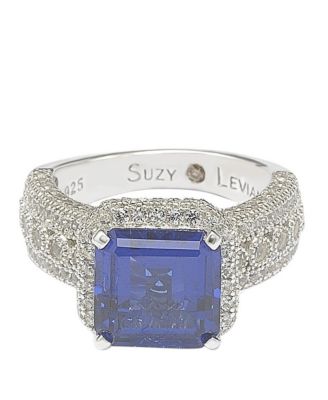 Suzy Levian Sterling Silver Sapphire & Created White Sapphire Emerald-Cut Ring