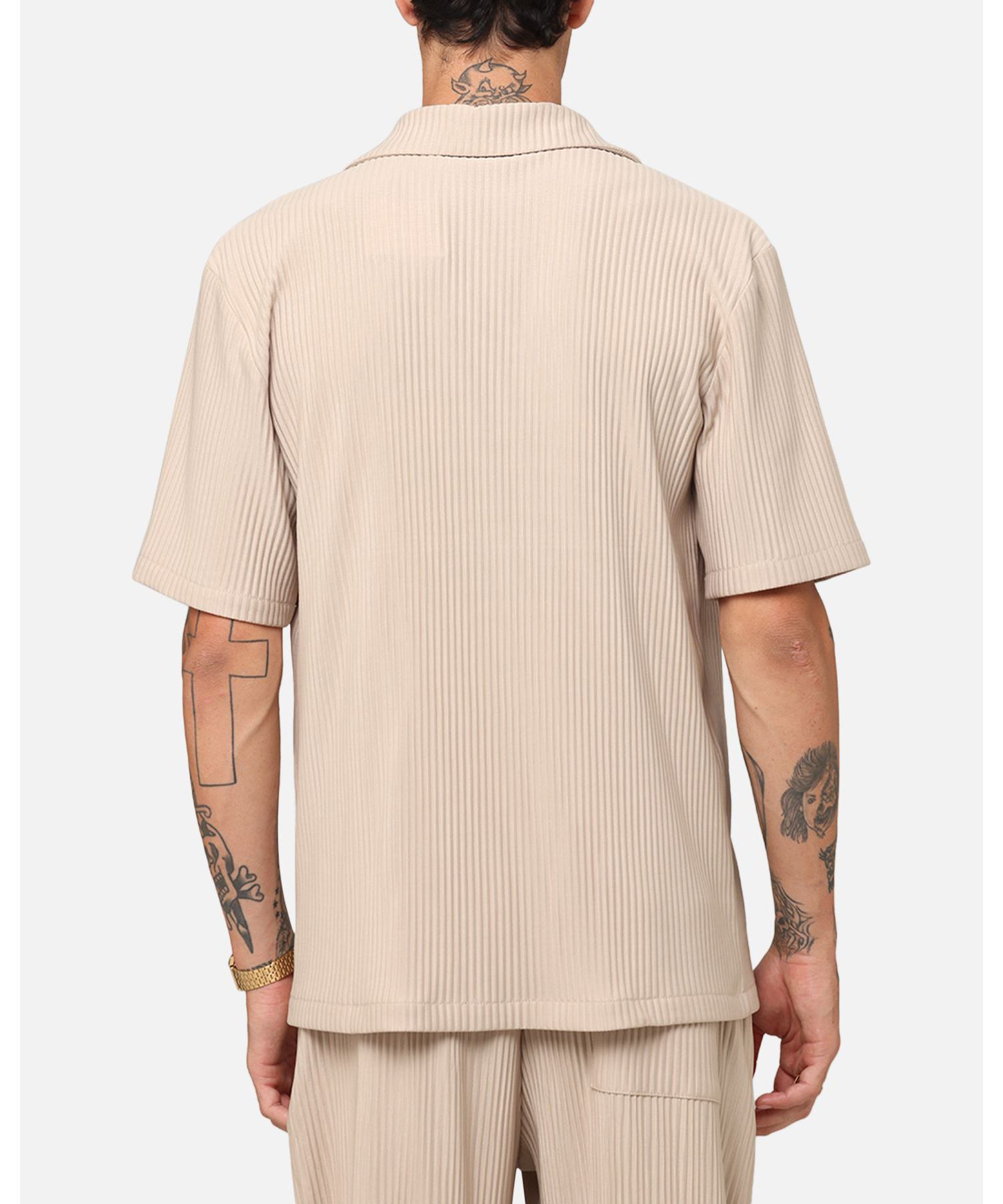 Men's Pleated Button Up Shirt - Tan L