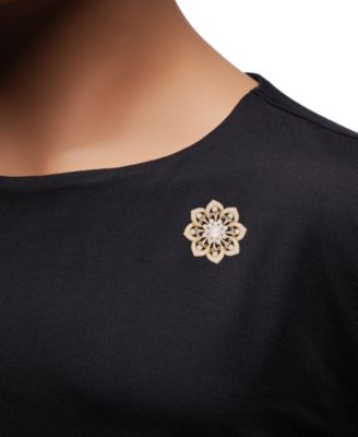 Cultured Freshwater Pearl (7mm) & Cubic Zirconia Filigree Flower Pin in 18K Gold-Plated Sterling Silver