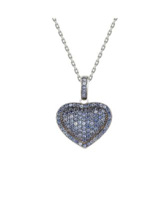 Suzy Levian Sterling Sapphire Pave Puff Heart Pendant Necklace
