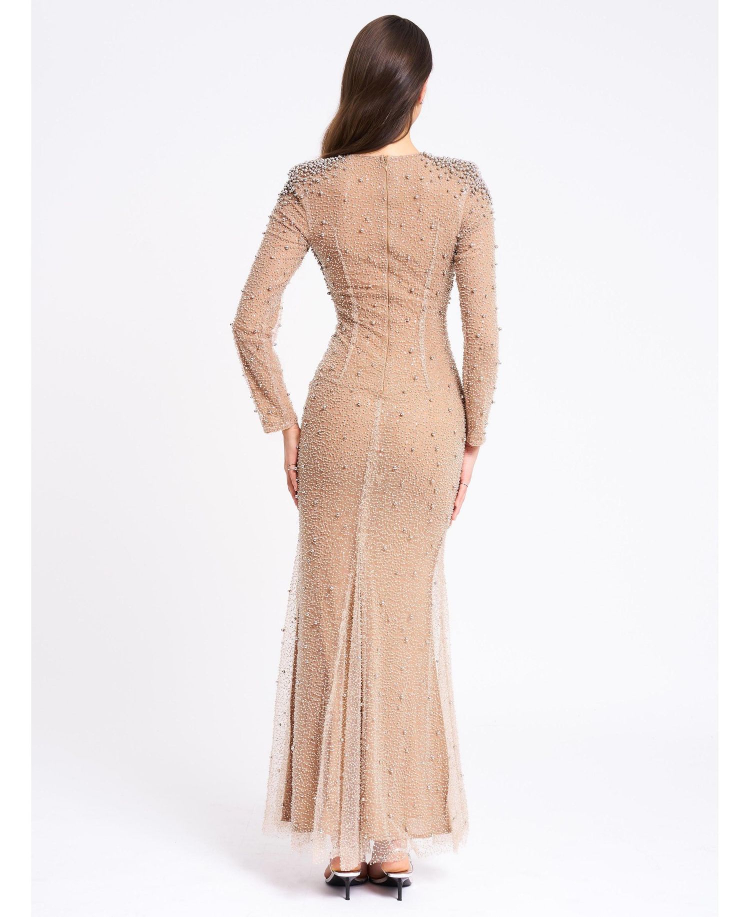 Women Rita Embroidered Mesh Silver Beaded Mermaid Gown
