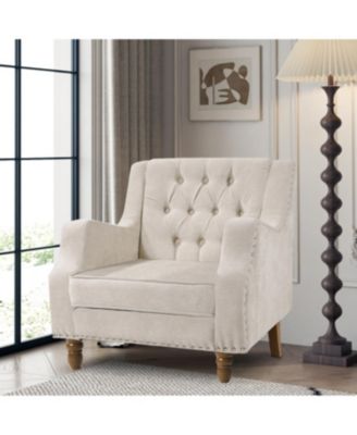 Footrest Chair Set with Vintage Brass Studs, Button Tufted Upholstered Armchair