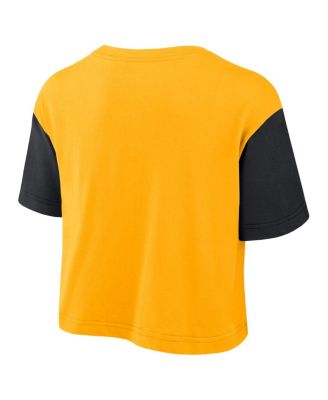 Women's Gold/Black Iowa Hawkeyes Color-Block Script Performance Cropped T-Shirt