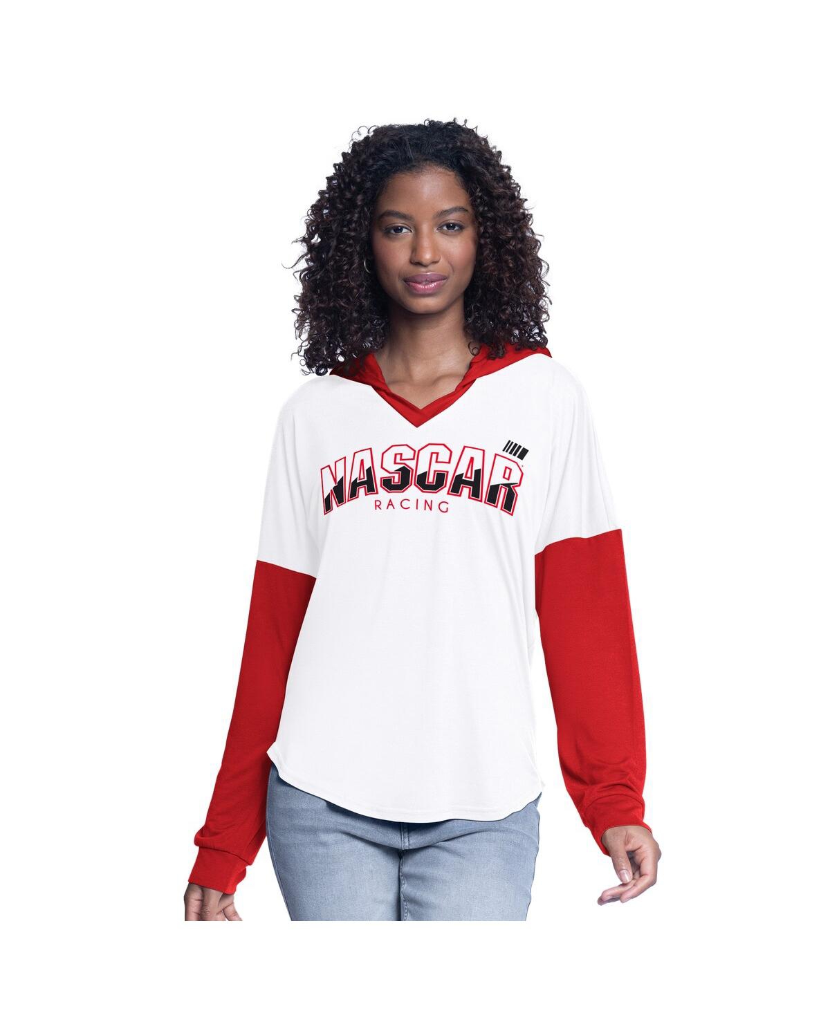 G-iii 4Her by Carl Banks Women's White/Red Nascar Bench Player Oversized Long Sleeve Hoodie V-Neck T-Shirt - White, Red