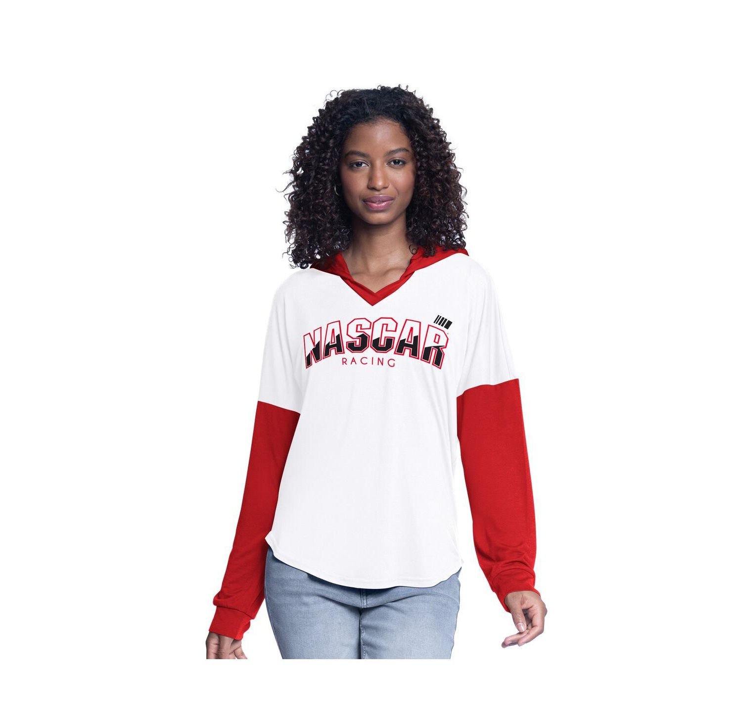 Women's White/Red NASCAR Bench Player Oversized Long Sleeve Hoodie V-Neck T-Shirt