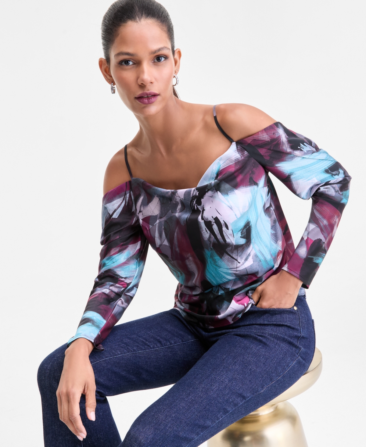 Inc International Concepts Women's Cold-shoulder Draped Blouse, Macy's Exclusive In Multi