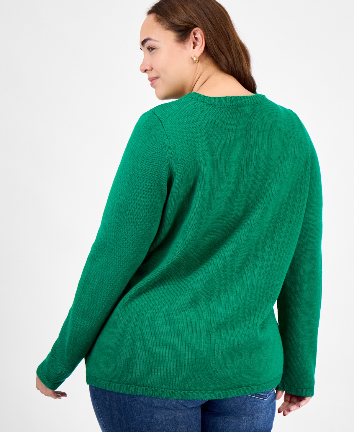 Holiday Lane Plus Santa Embellished Crewneck Sweater, Created For Macy's In Green