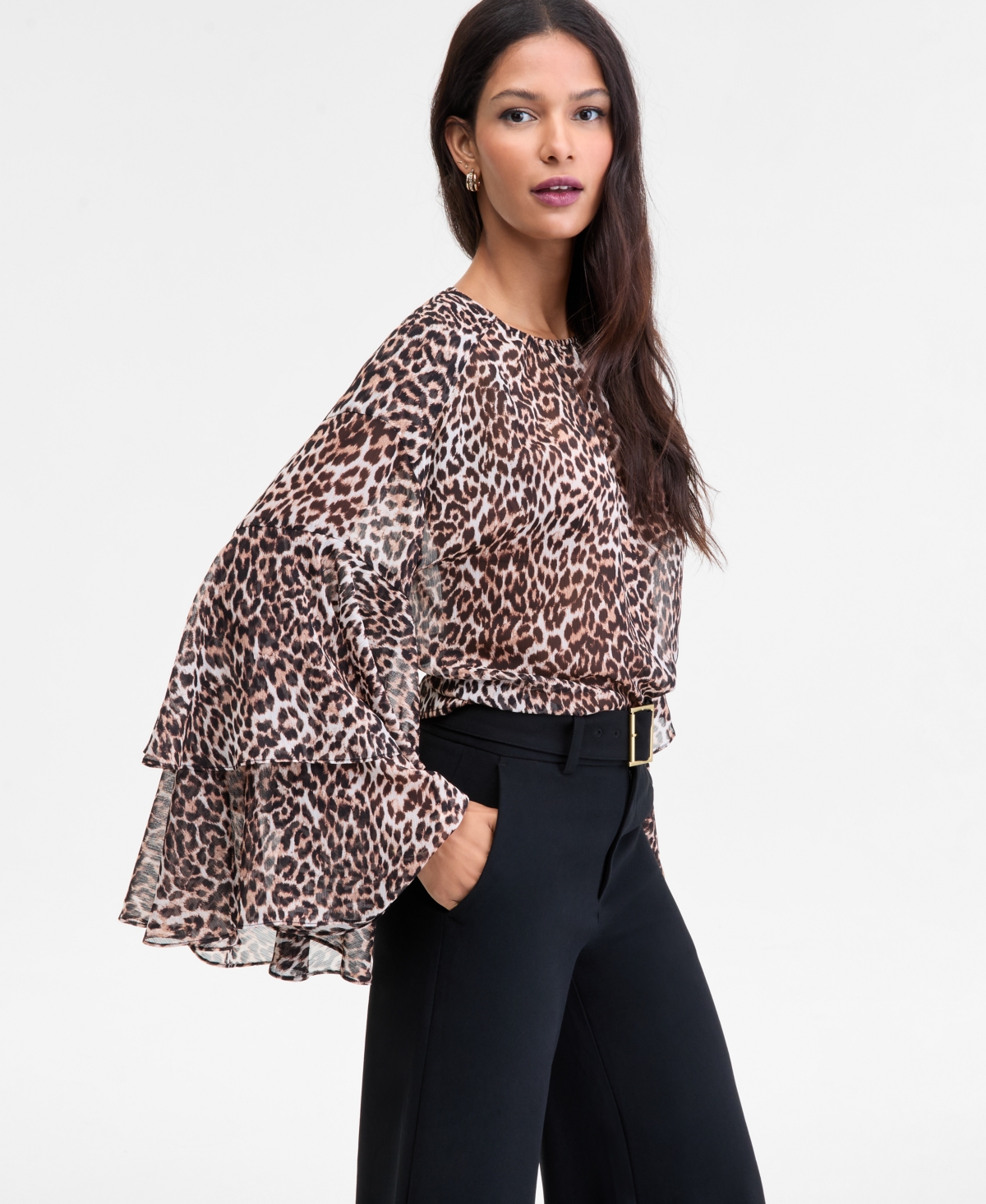 Inc International Concepts Women's Ruffle-trim Bell-sleeve Blouse, Macy's Exclusive In Multi