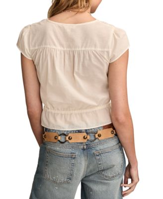 Women's Round-Neck Button-Front Tie Cotton Top 
