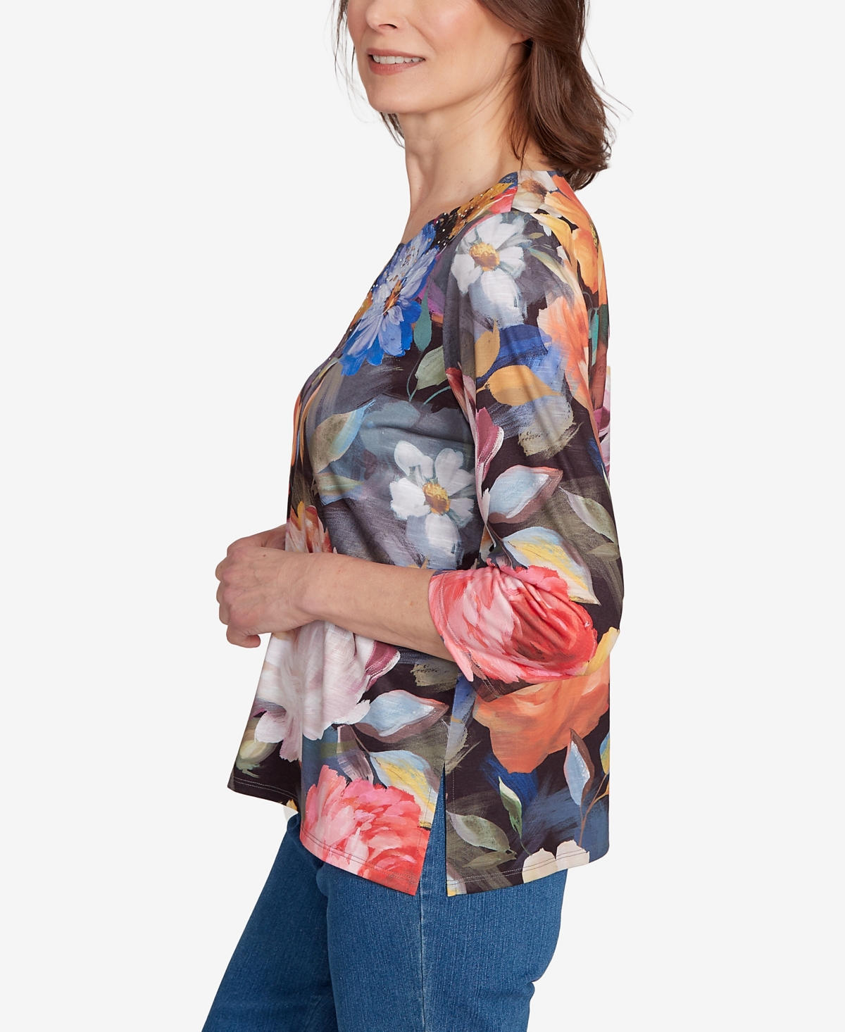 Alfred Dunner Women's Classic Dramatic Floral Lace Neck Top In Multi