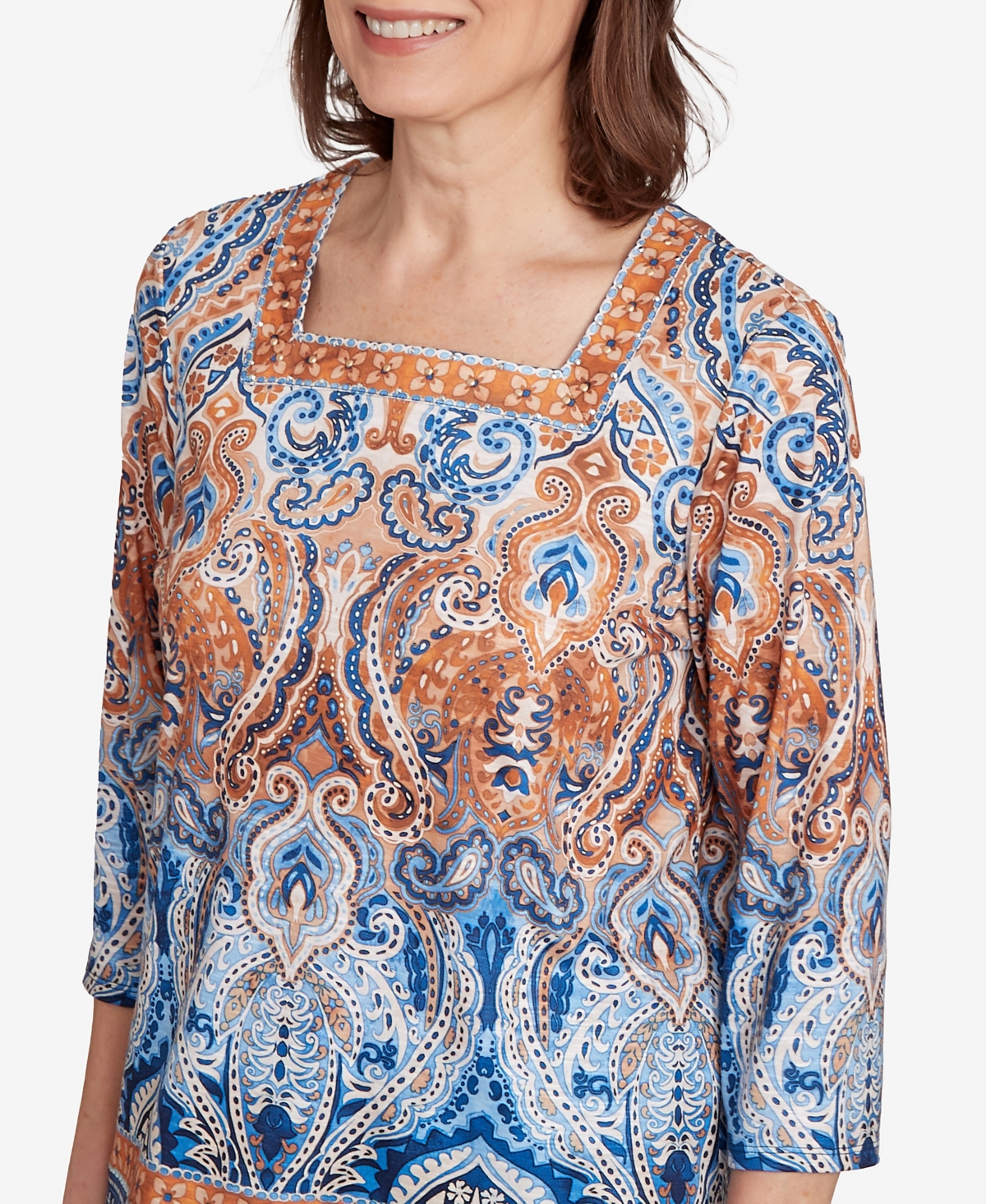 Alfred Dunner Women's Classic Medallion Bordered Square Neck Top In Multi
