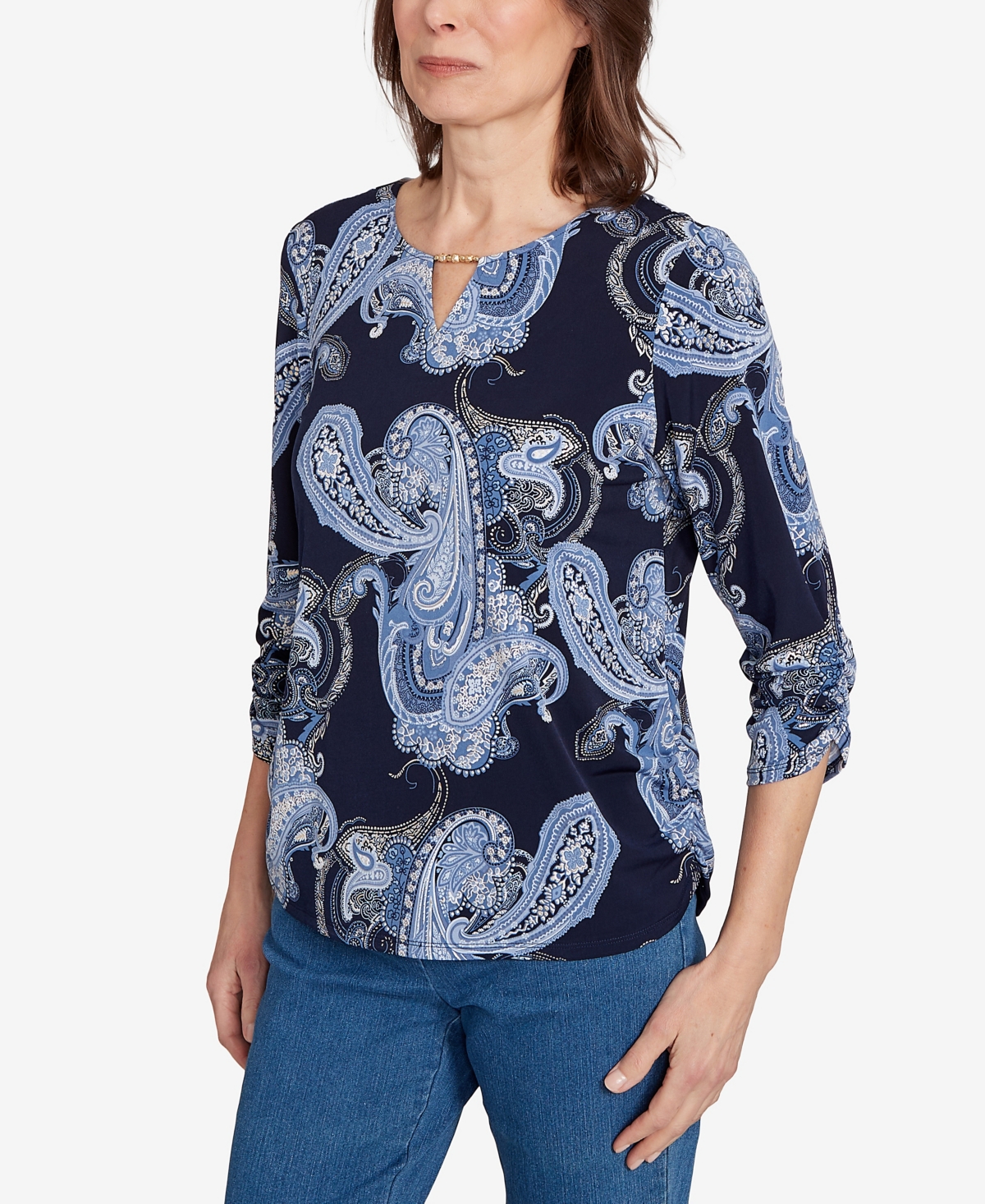 Alfred Dunner Petite Paisley Foil Top In Blue