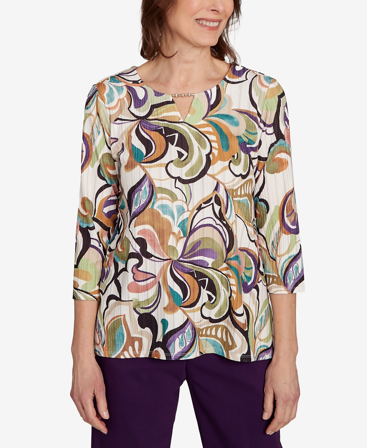 Alfred Dunner Women's Classic Abstract Scroll Split Neck Top In Multi