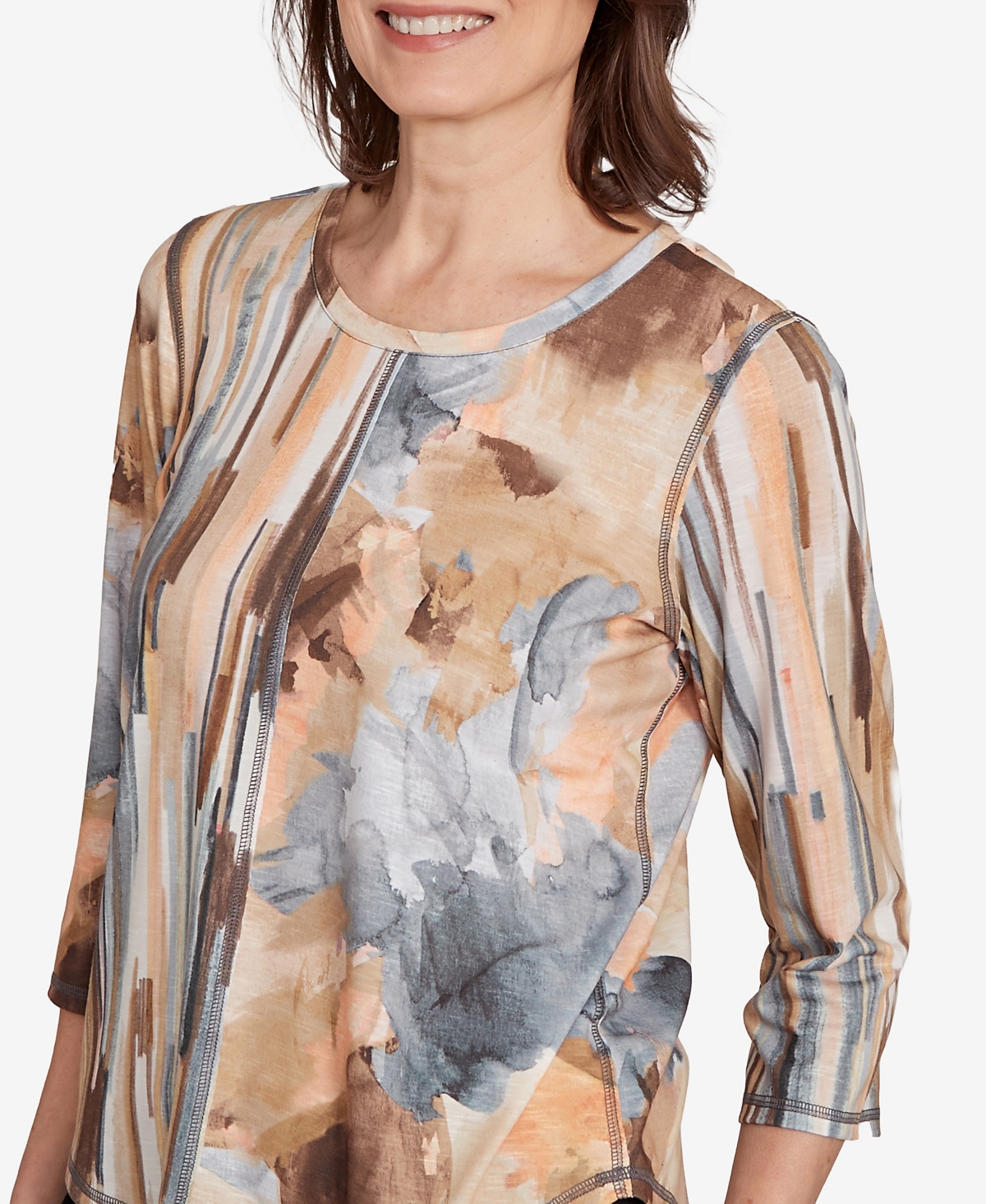 Alfred Dunner Plus Size Classic Spliced Floral Stripe Crew Neck Top In Multi