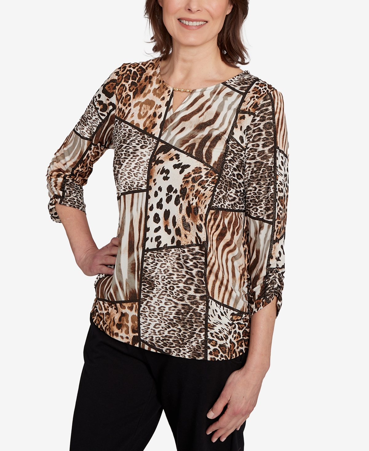 Alfred Dunner Women's Classic Puff Print Animal Color Block Top In Brown